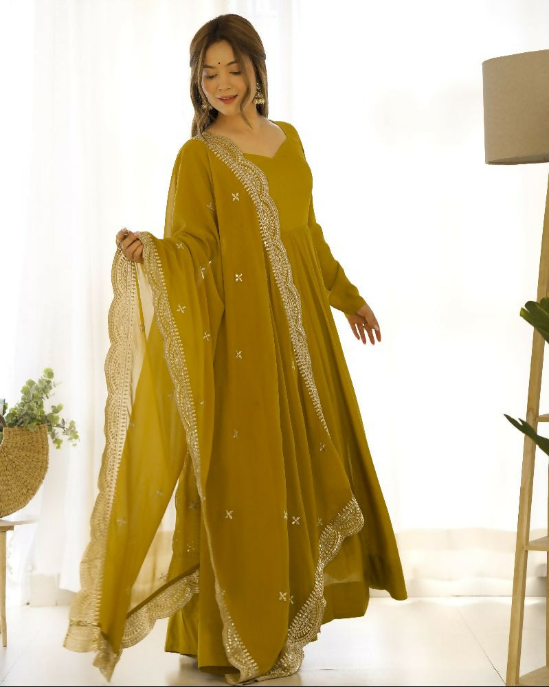 Elegant Mehndi color Chanderi kurta set with intricate sequence embroidery and Georgette dupatta