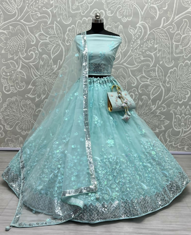 Front view of a Sky Blue Bridal Net lehenga choli with heavy sequins and multi-thread floral embroidery.