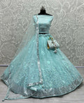 Front view of a Sky Blue Bridal Net lehenga choli with heavy sequins and multi-thread floral embroidery.