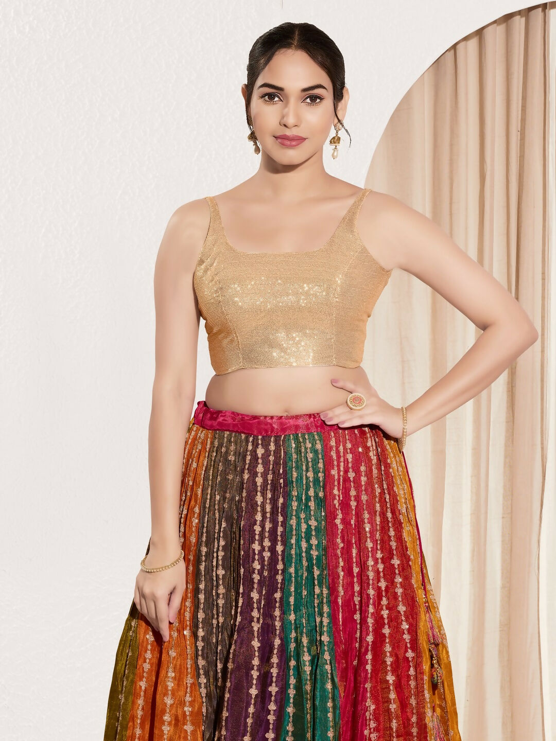 Rose Gold Sequin Padded Blouse with Square Neck Sleeveless