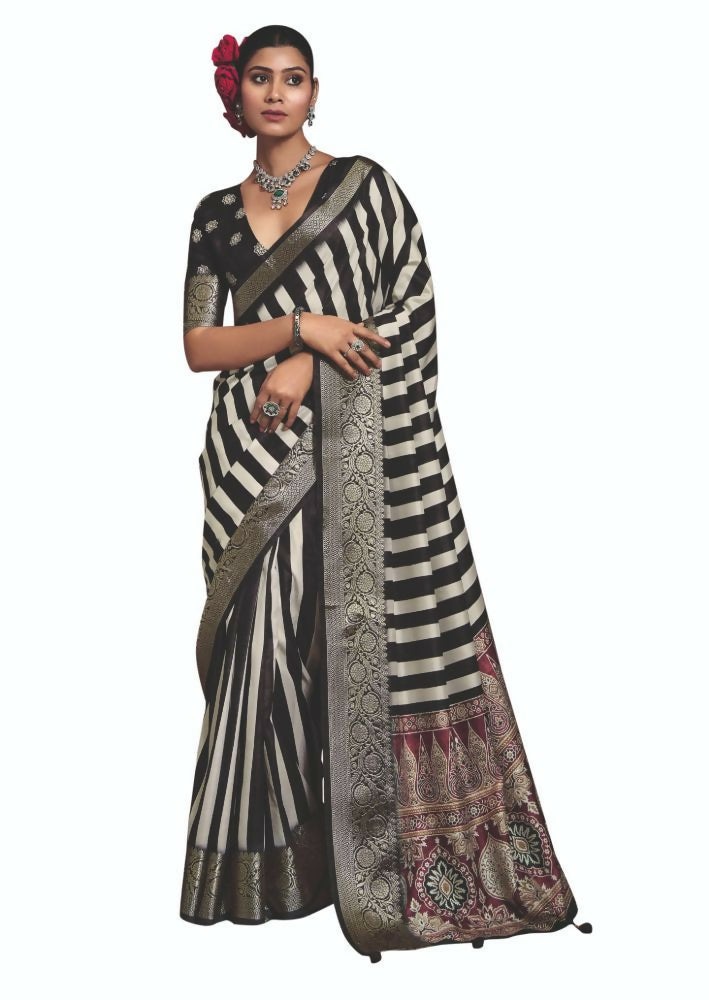 Joban Fashion Black Dola Tussar Silk Self Jacquard Border Saree