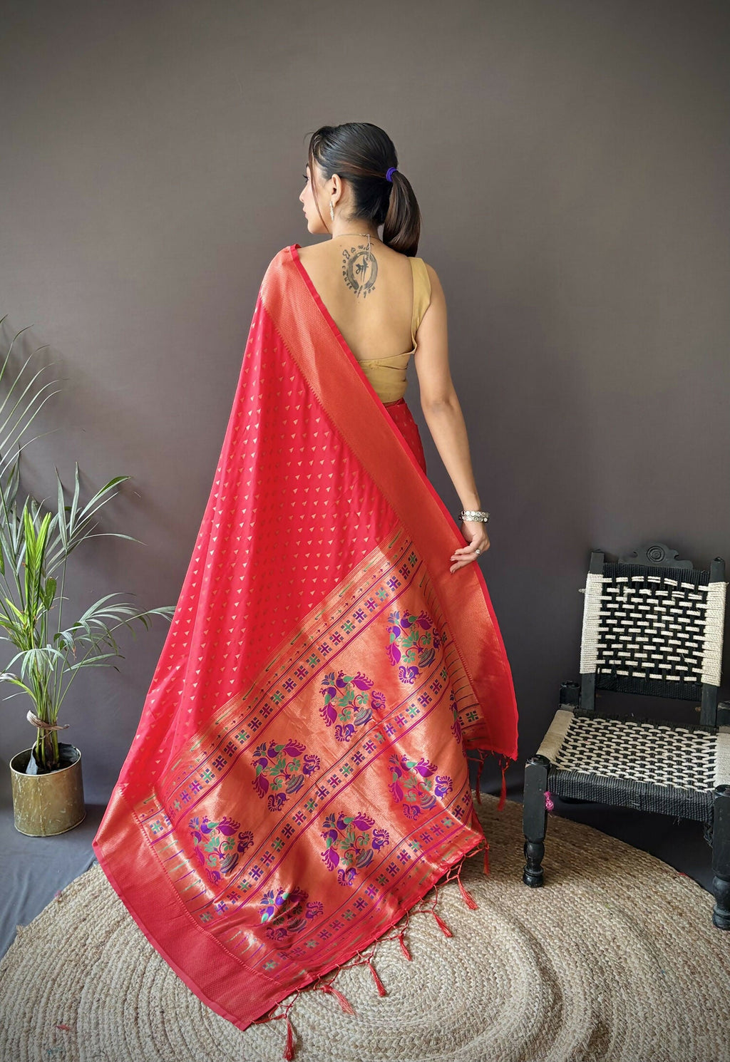 Red Jacquard Butti Soft Lichi Silk Paithani Saree