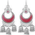 Oxidized German silver chandbali jhumkis with cherry red accents and hook closure