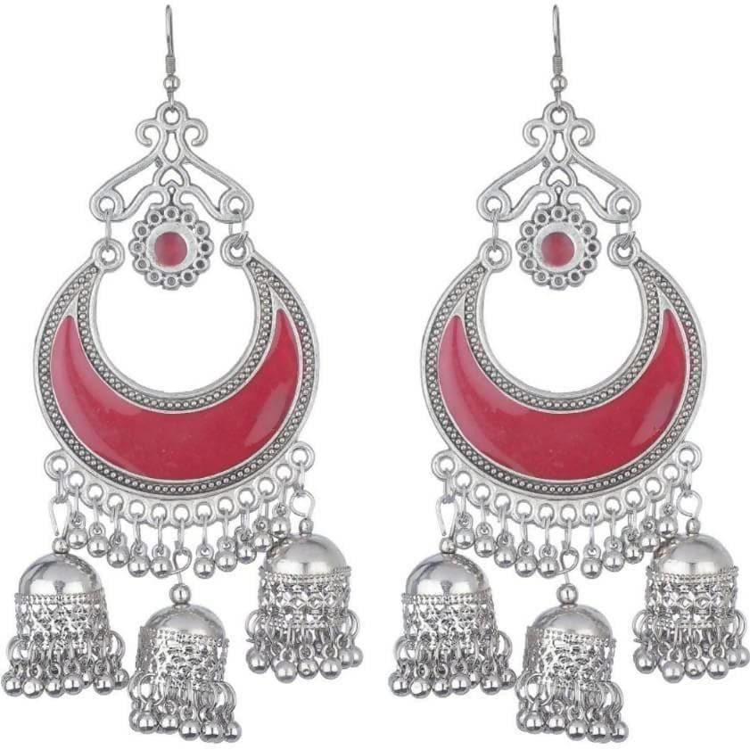 Oxidized German silver chandbali jhumkis with cherry red accents and hook closure