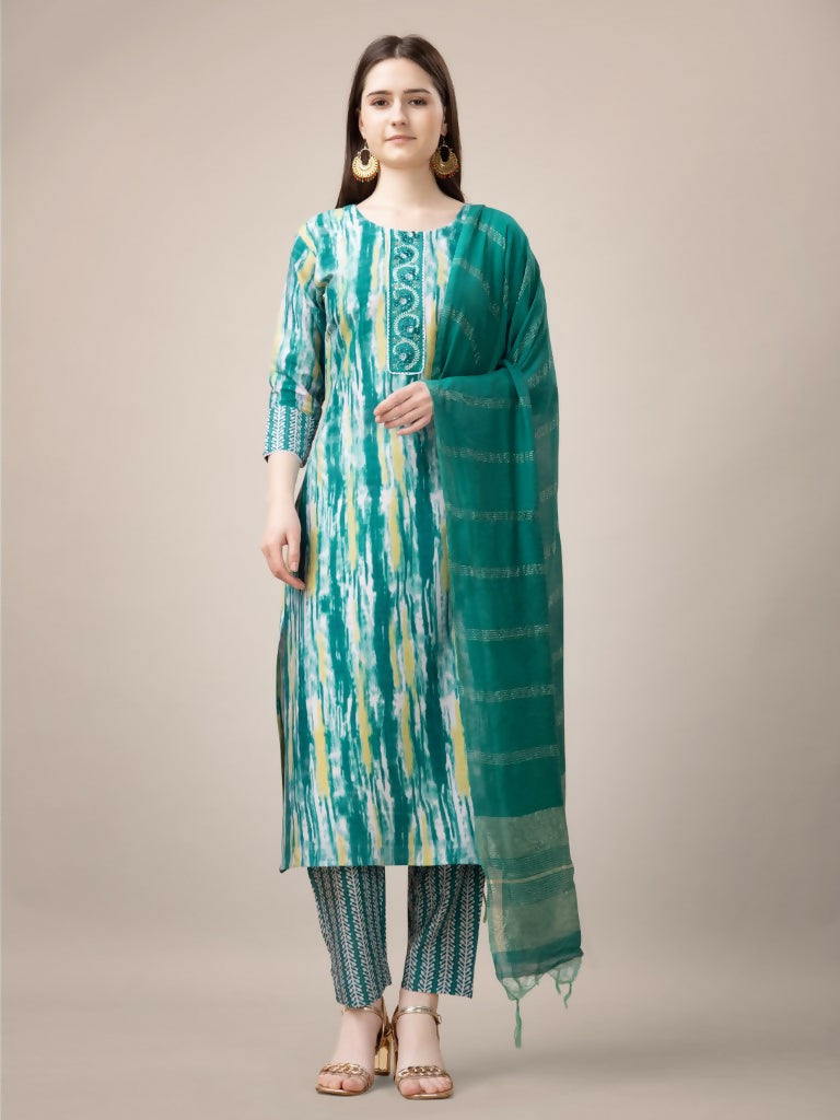 Teal rayon printed kurta set featuring intricate embroidery and fancy lace work with matching trousers and dupatta.