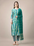 Teal rayon printed kurta set featuring intricate embroidery and fancy lace work with matching trousers and dupatta.