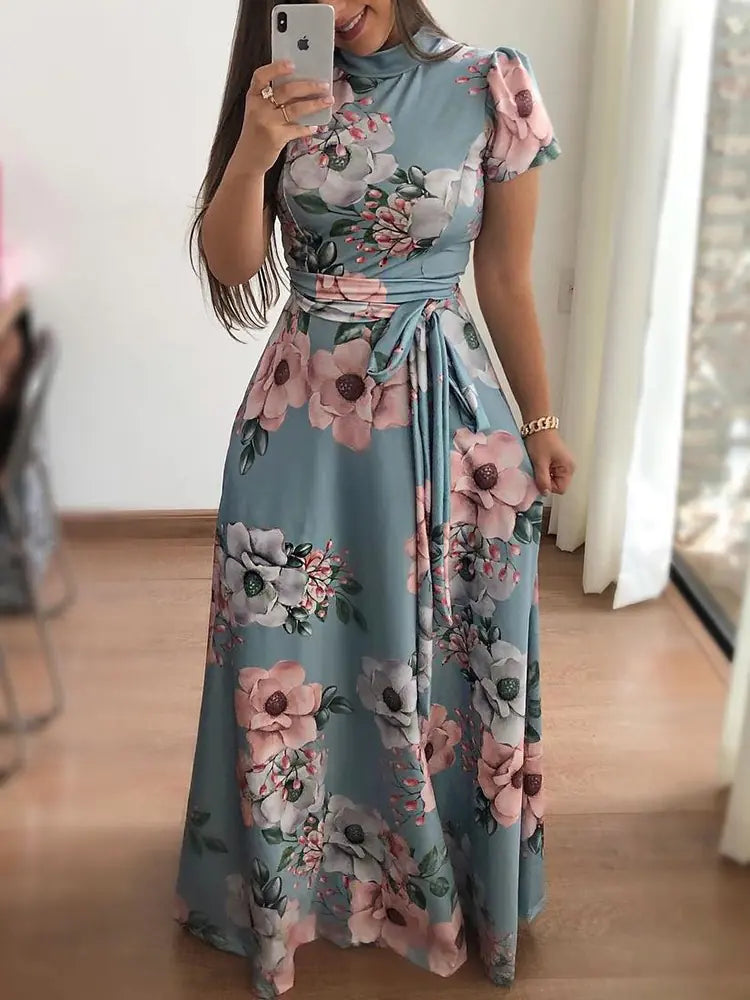Women Floral Print Short Sleeve Maxi Dress with Tie Waist - Image 11