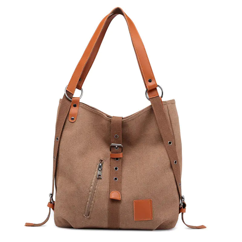 Women's Canvas Shoulder Tote Bag with Buckle and Zipper Detail - Image 2