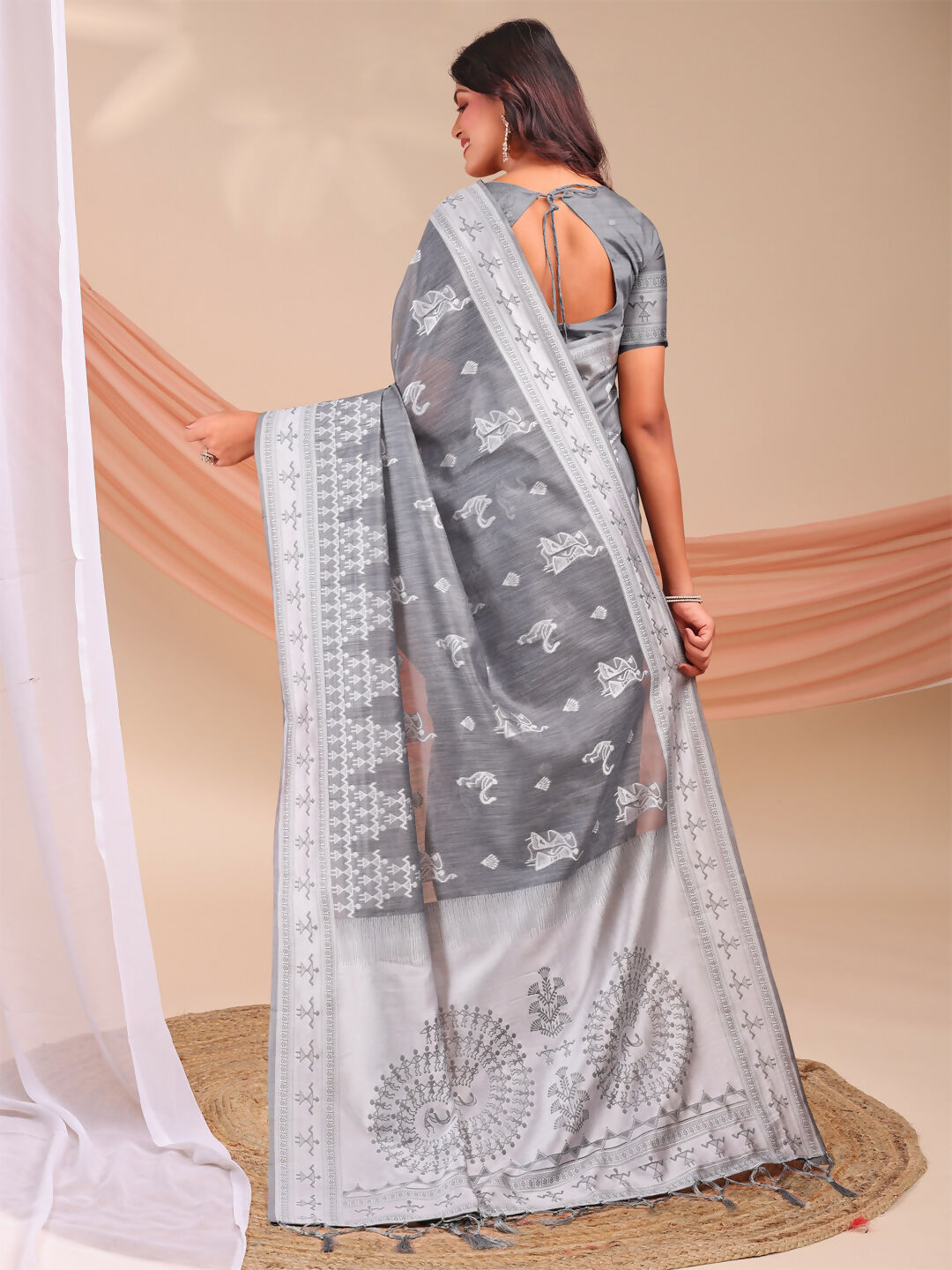 Varnika Grey Linen Cotton Saree with Matching Blouse Piece