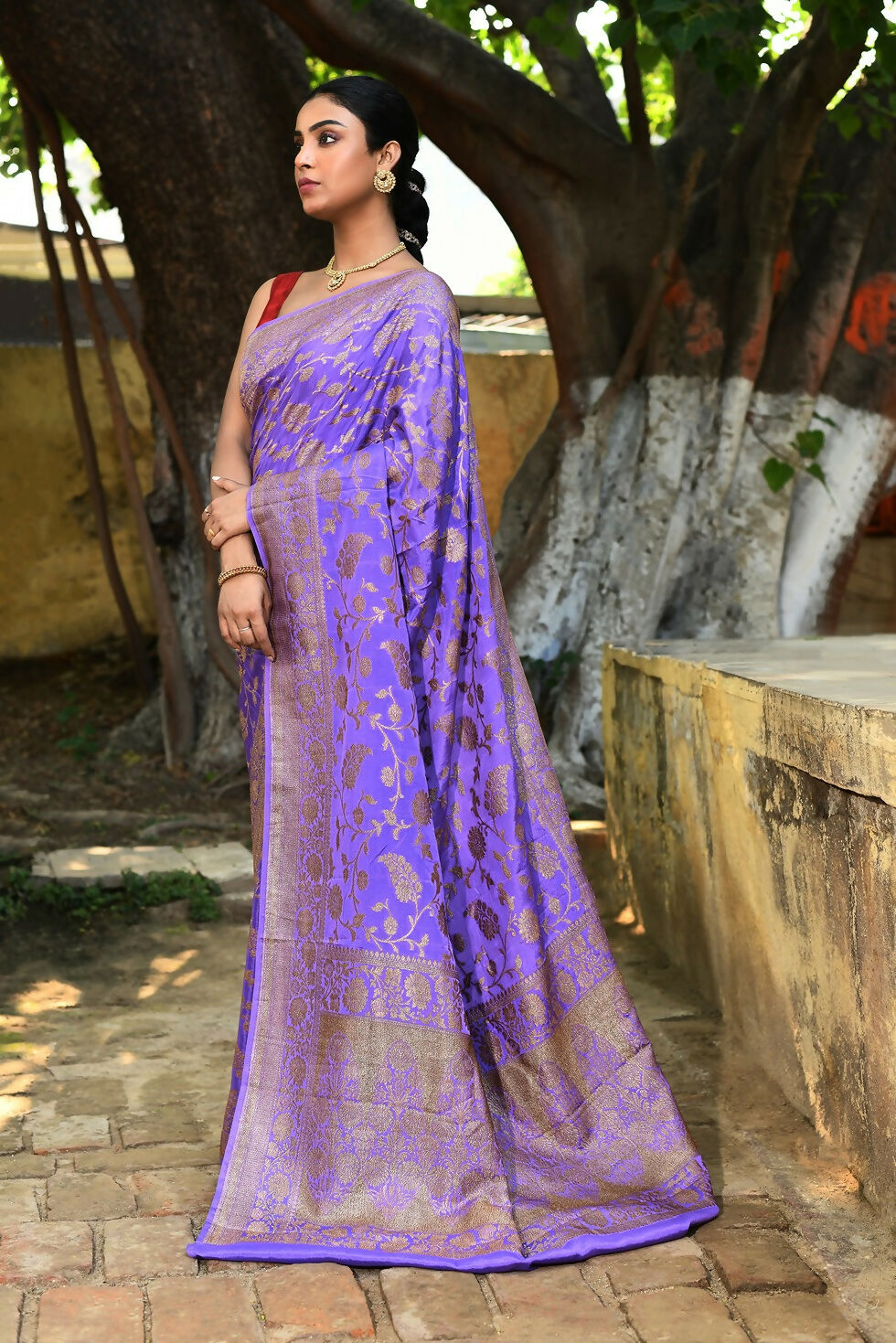 Dark Lilac Crepe Chiffon Banarasi Silk Saree