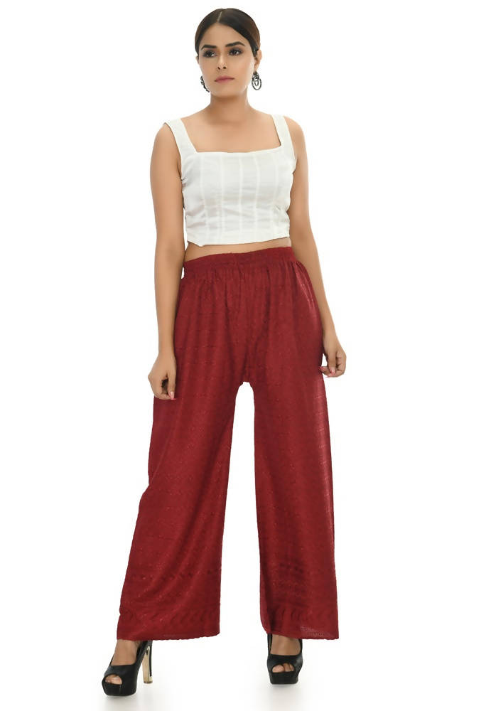 Maroon Rayon Cotton Palazzo Pants with Elegant Chikankari Work
