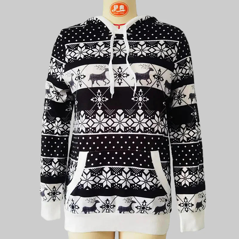 Women's black and white hooded sweater with festive reindeer and snowflake print