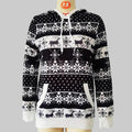 Women's black and white hooded sweater with festive reindeer and snowflake print