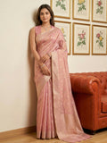 Beautiful pink tissue silk saree with shimmering finish and matching blouse piece