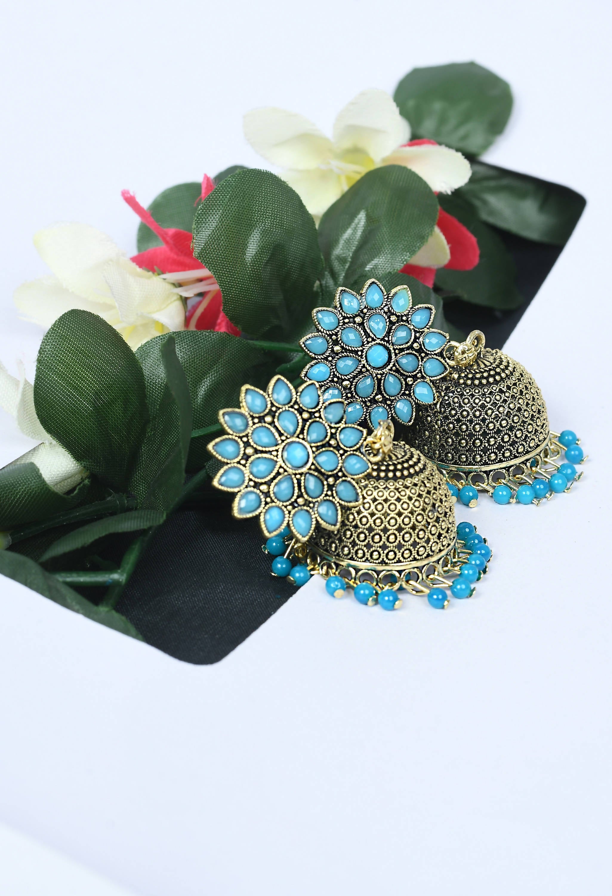 Johar Kamal Kundan Jhumka Earrings with Sky Blue Beads