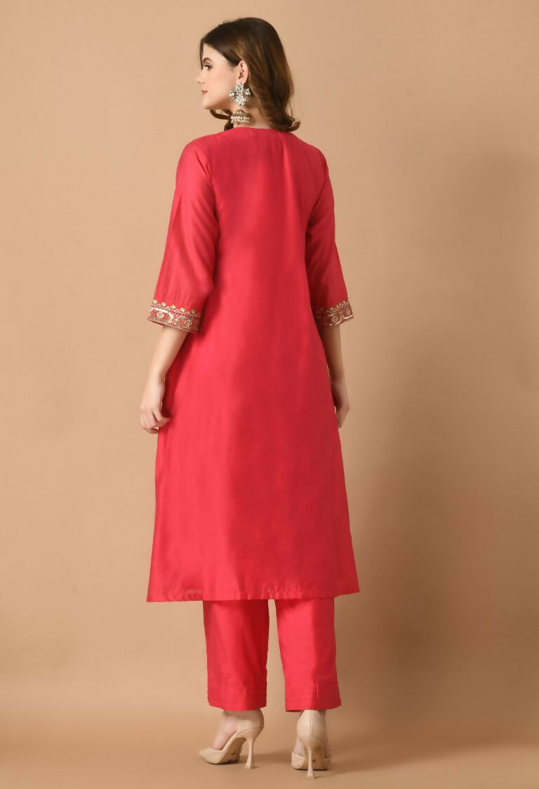 Red Chanderi Kurta Set with Organza Dupatta - 3 Piece Festive Wear