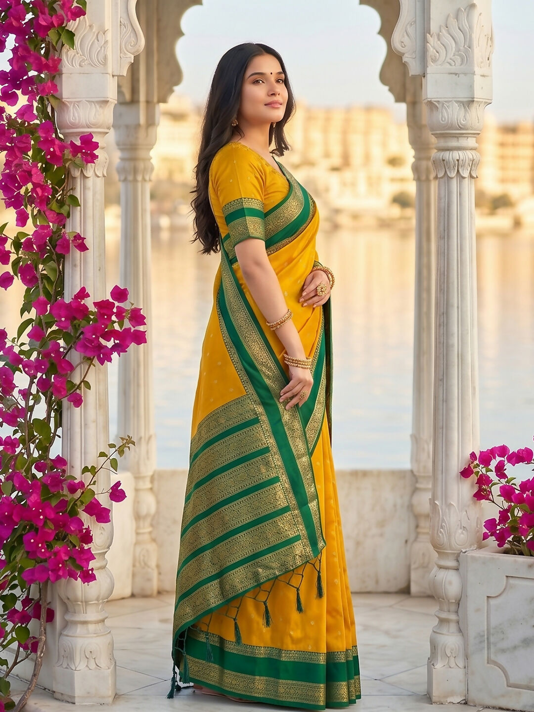 Yellow Silk Blend Saree with Matching Blouse Fabric