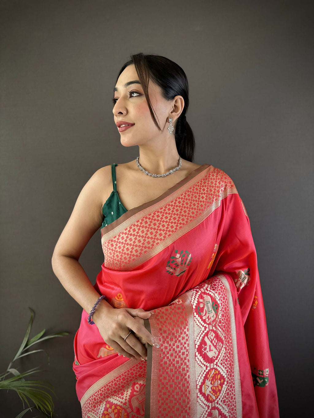 Peach Soft Lichi Silk Banarasi Saree with Elephant & Floral Motifs