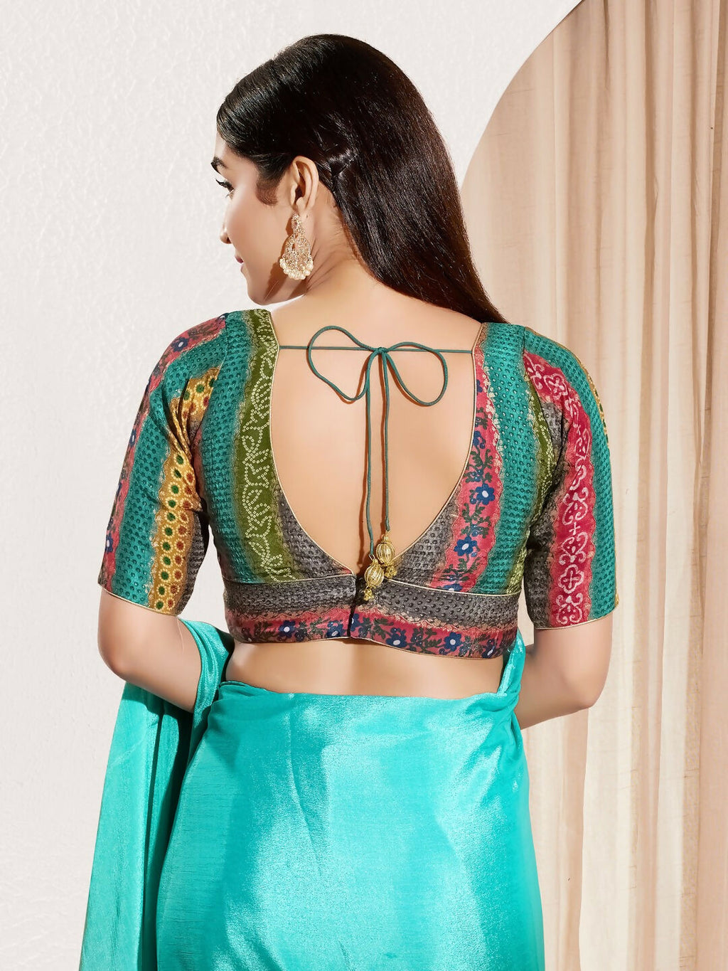 Joban Fashion Rama Green Brocade Padded Blouse With V Neck Elbow Sleeves