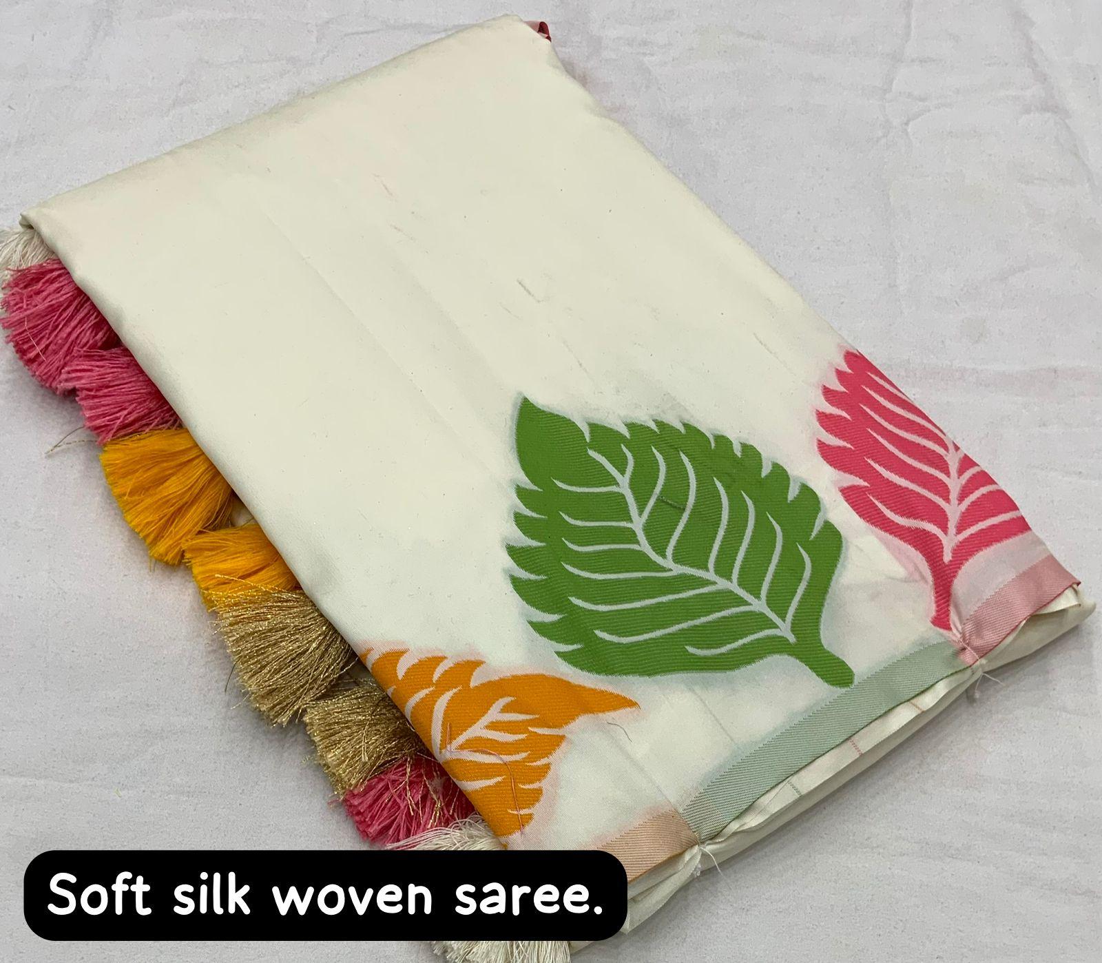 White Pure Silk Saree with Woven Design and Tassels