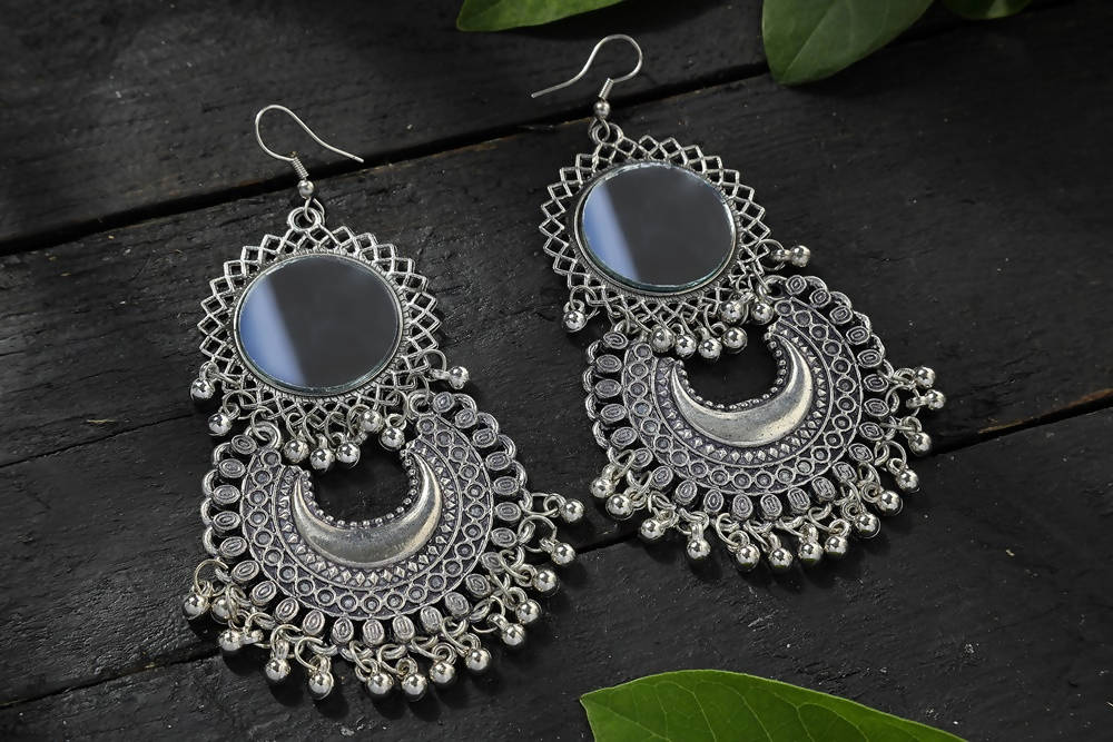 Oxidised Silver Mirror Chandbali Earrings Traditional Ethnic Jewelry