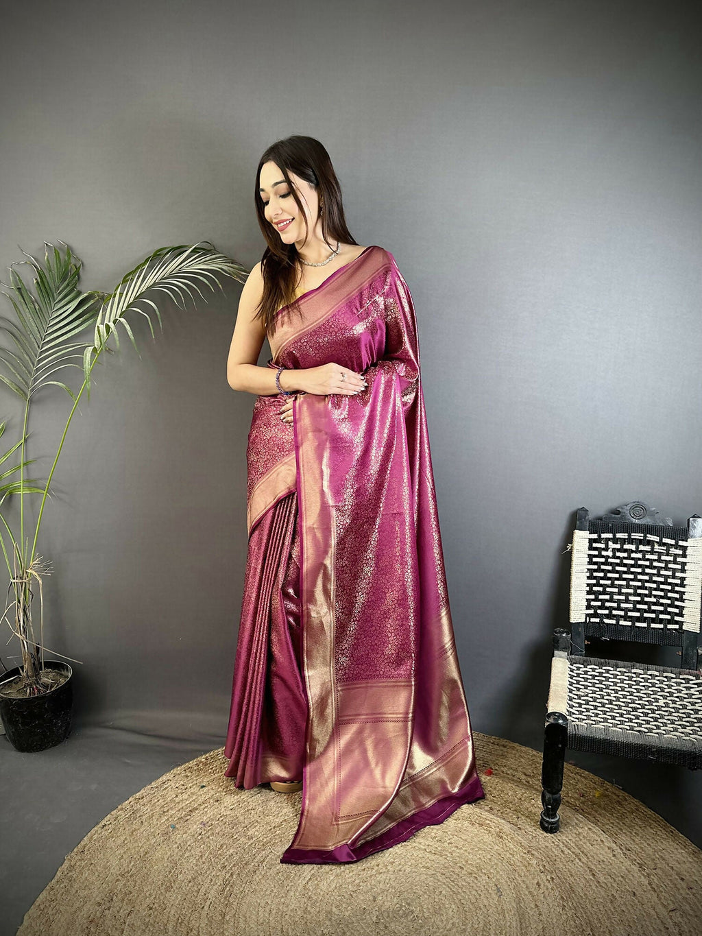 Purple floral motif soft satin silk Kanchipuram saree