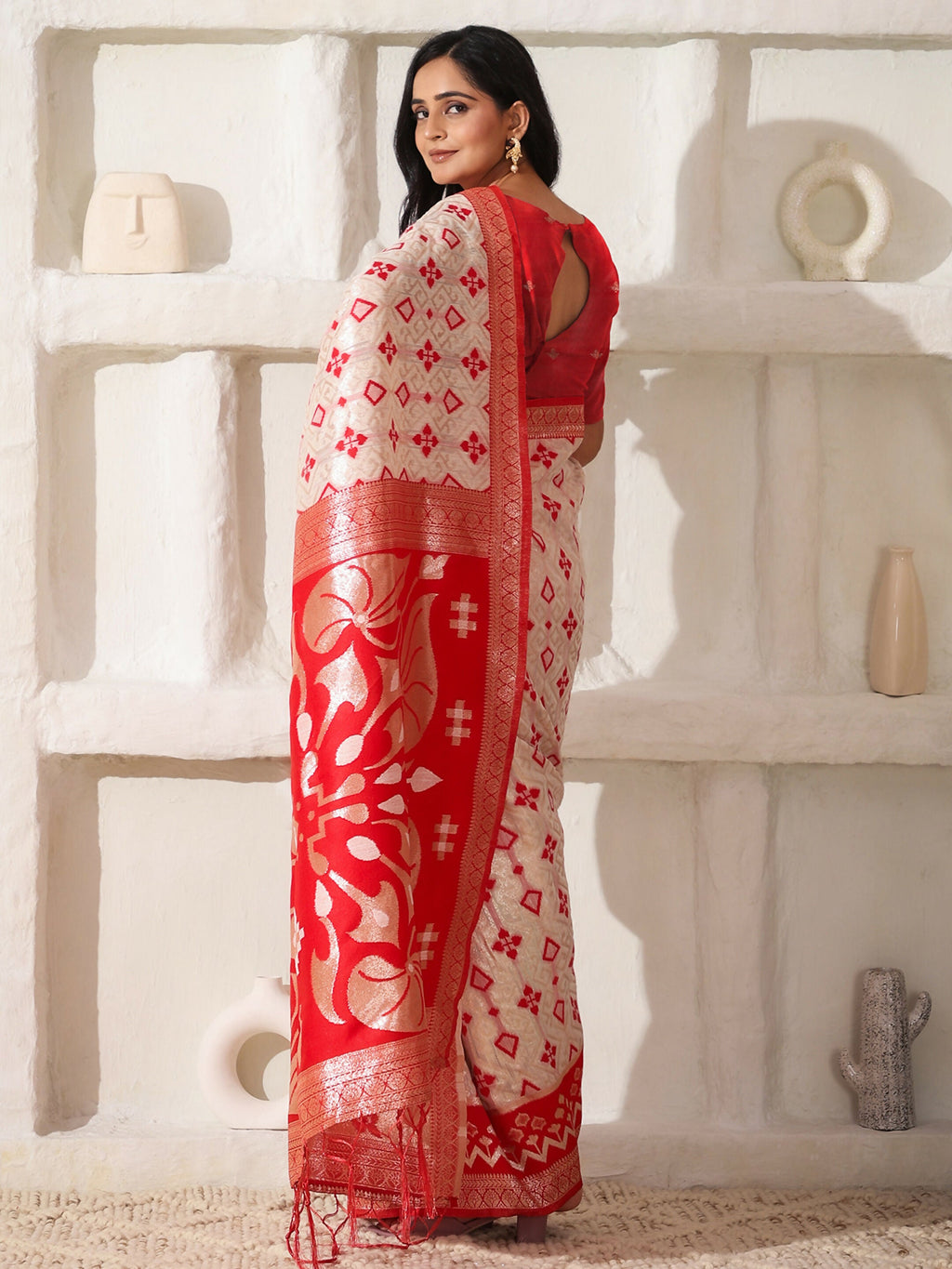 Red and White Linen Cotton Saree with Matching Blouse