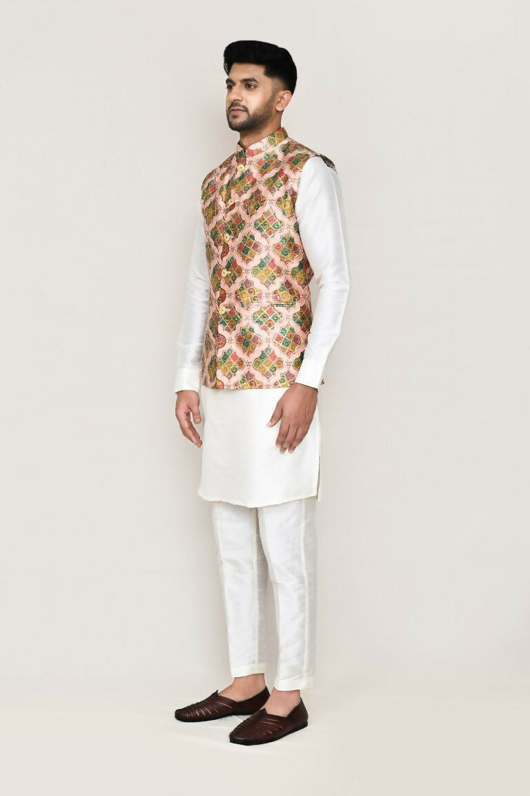 White Art Silk Kurta Set with Designer Jacket and Straight Pants
