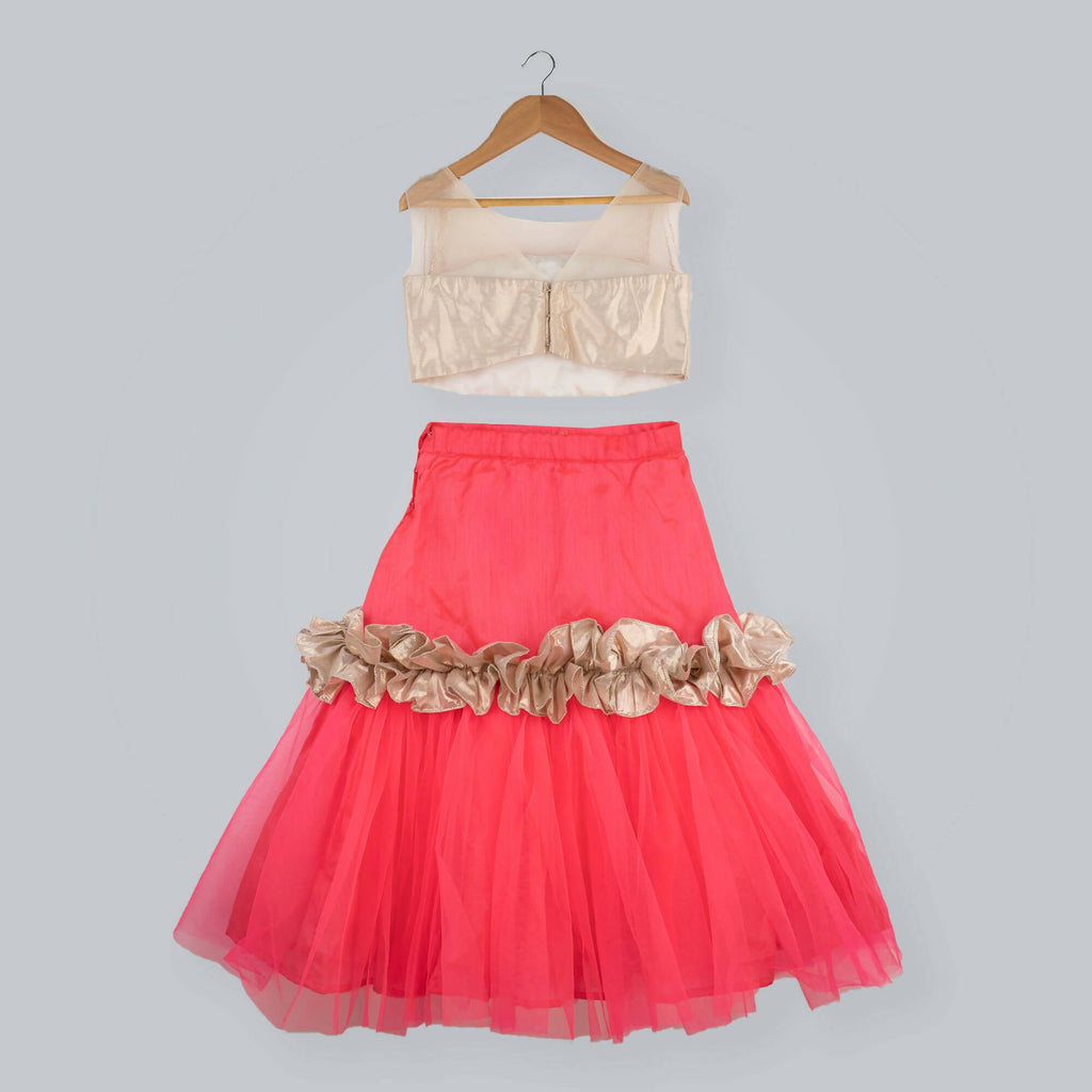 Golden & Pink Ghagra Choli With Frill Details and Net Dupatta