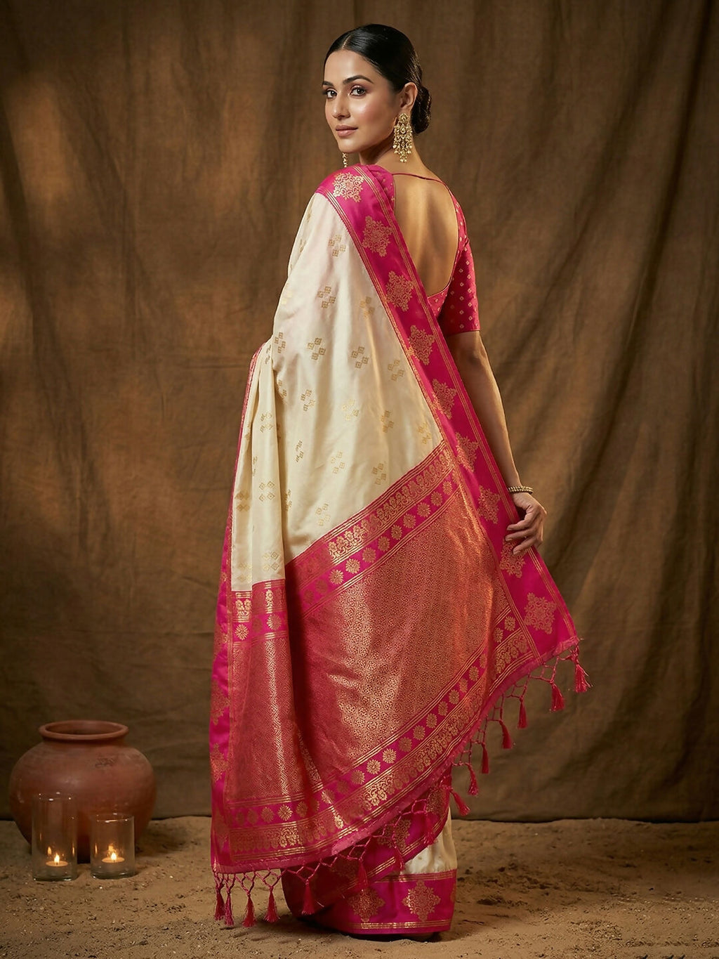 Cream Soft Silk Saree with Contrast Pink Blouse Piece