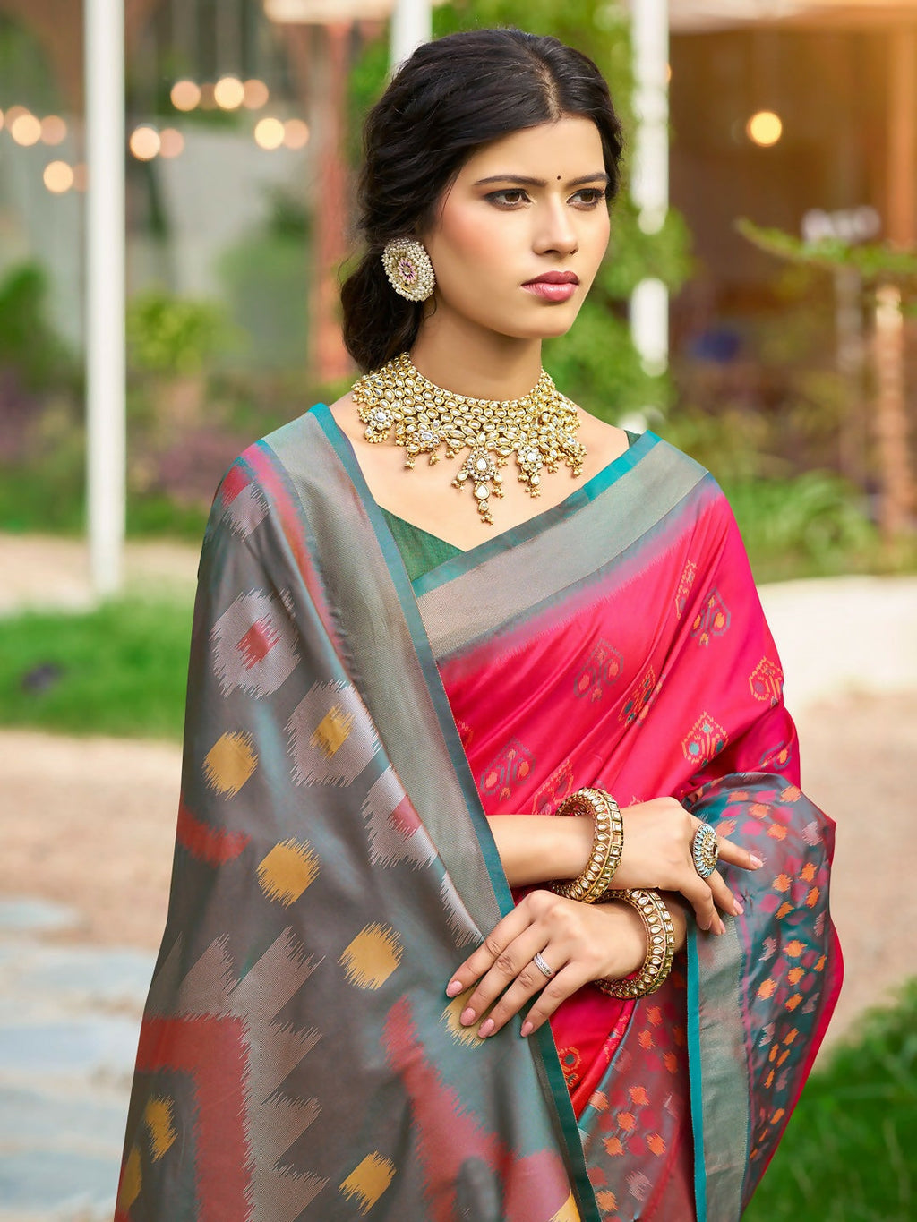 Elegant Red Soft Silk Saree with Contrast Gray Blouse