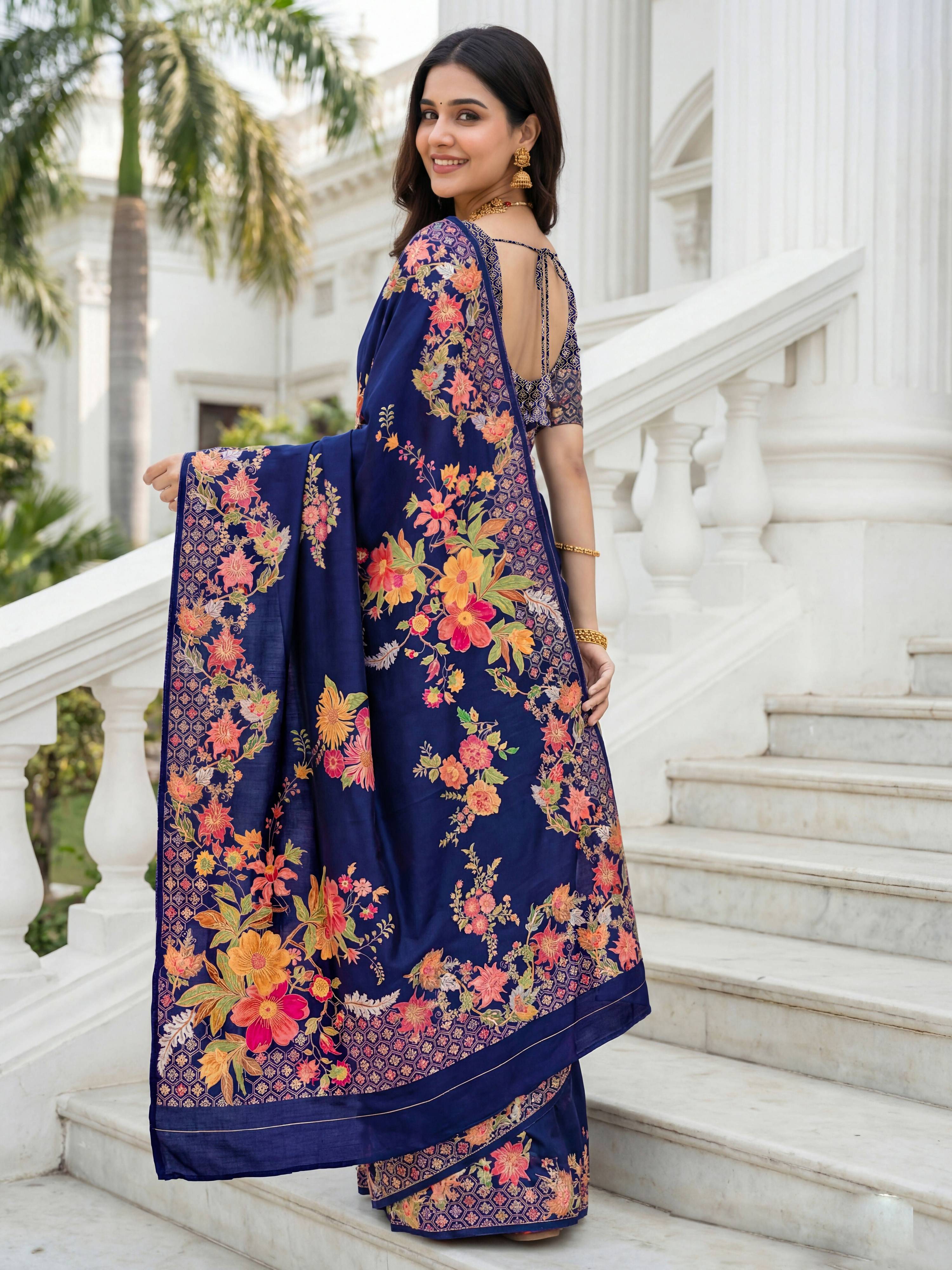 Royal Blue Premium Russian Silk Floral Print Saree