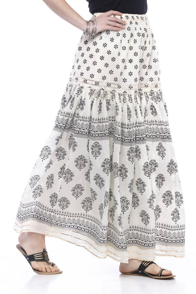 Off White Cotton Block Print Palazzo with Delicate Lace Work