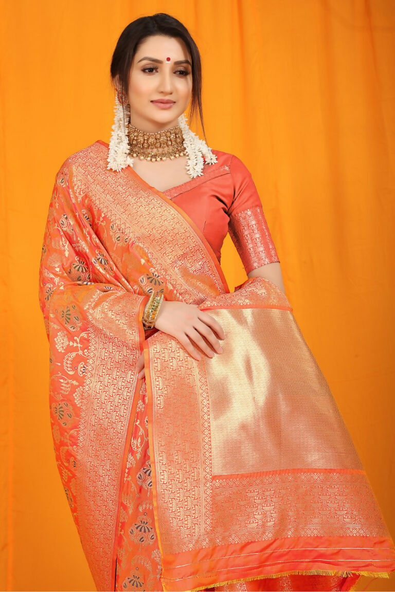 Orange Kanjivaram Silk Saree with Zari Woven Border