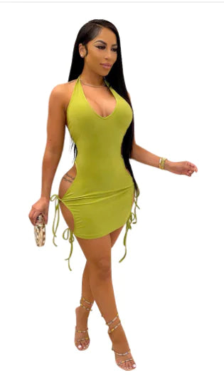 Women's Backless Halter Mini Dress with Side Drawstring Ties - Image 18