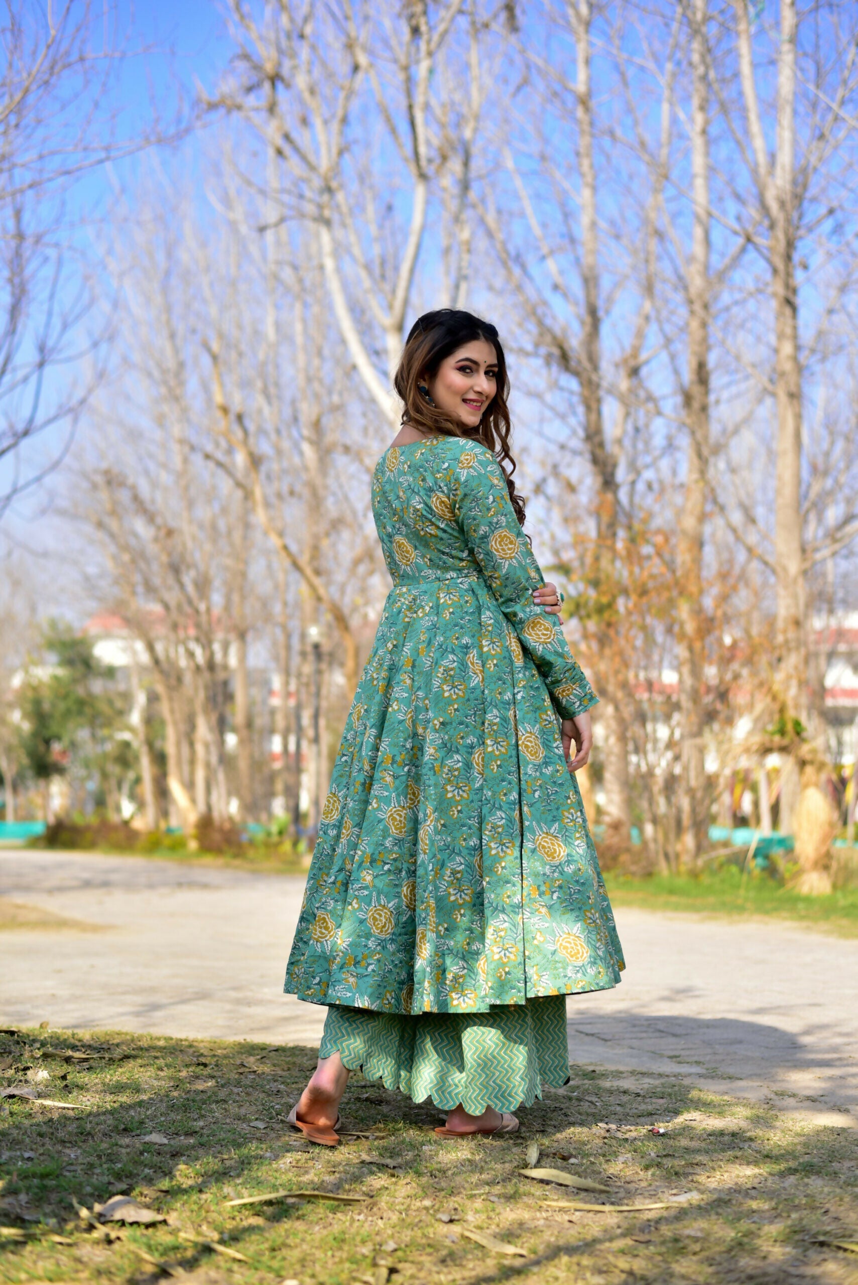 Women's Sea Green Cotton Silk Kurta and Plazo Set with Print