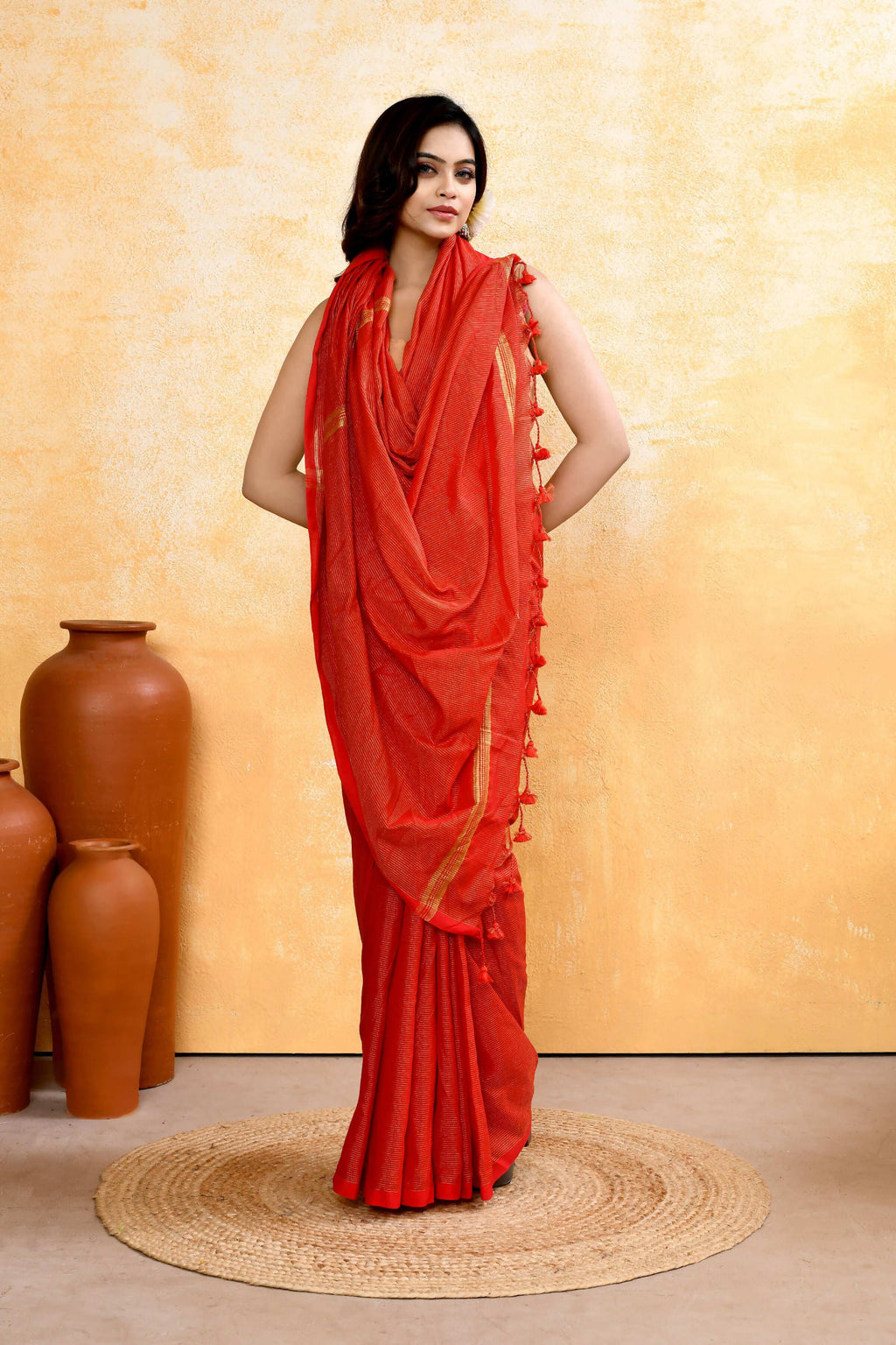 Red Embellished Cotton Blend Zari Check Handloom Saree for Women