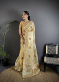 Joban Fashion Light Yellow Handloom Banarasi Organza Silk Khatali Butta Work Saree
