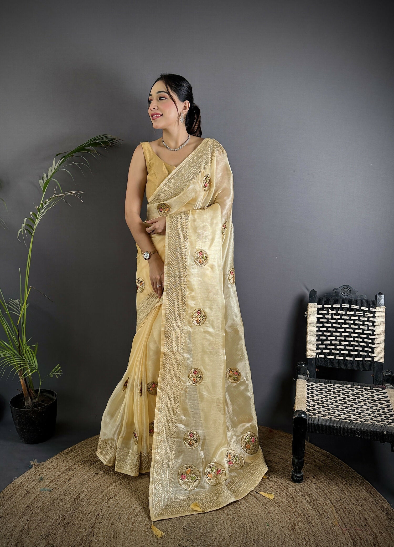 Joban Fashion Light Yellow Handloom Banarasi Organza Silk Khatali Butta Work Saree