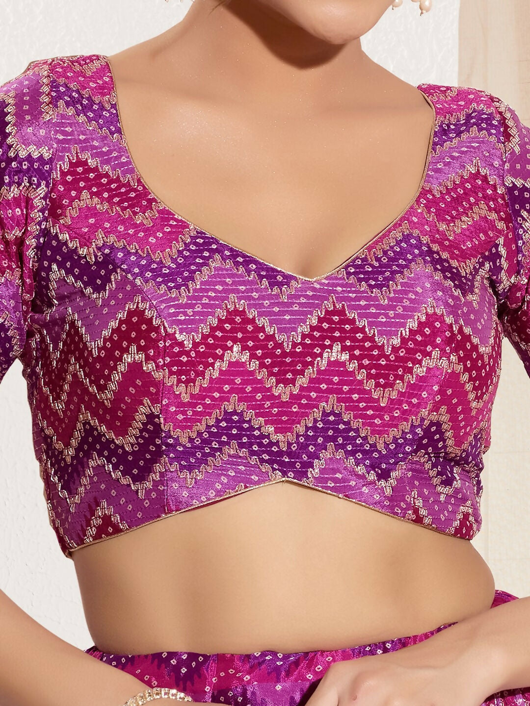 Purple Chiffon Padded Blouse with Square Neck and Elbow Sleeves