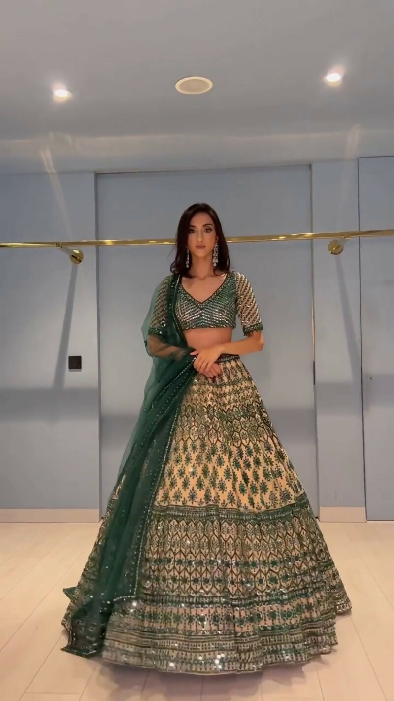 Teal Green and Cream Georgette Lehenga Choli with Thread Embroidery