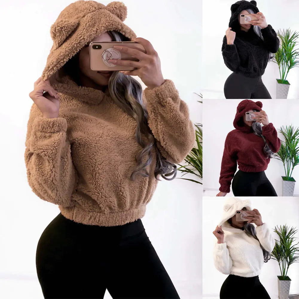 Women's Plush Bear Ear Hoodie Crop Top Long Sleeve Pullover - Image 2