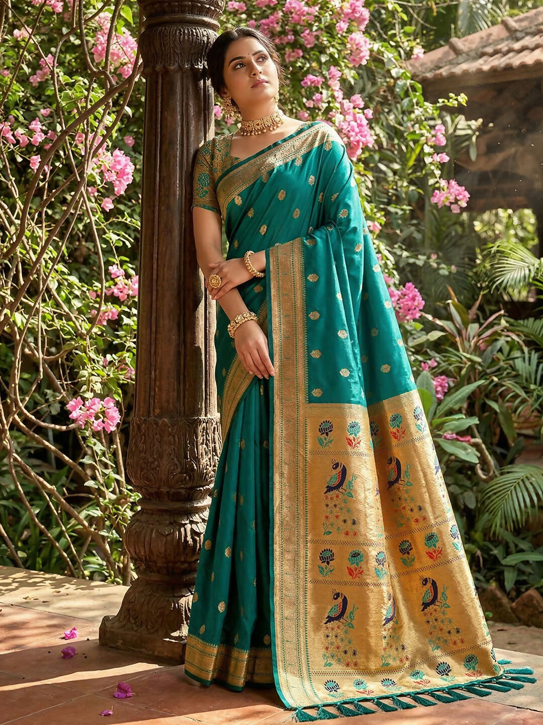 Rama Green Soft Silk Saree with matching blouse piece