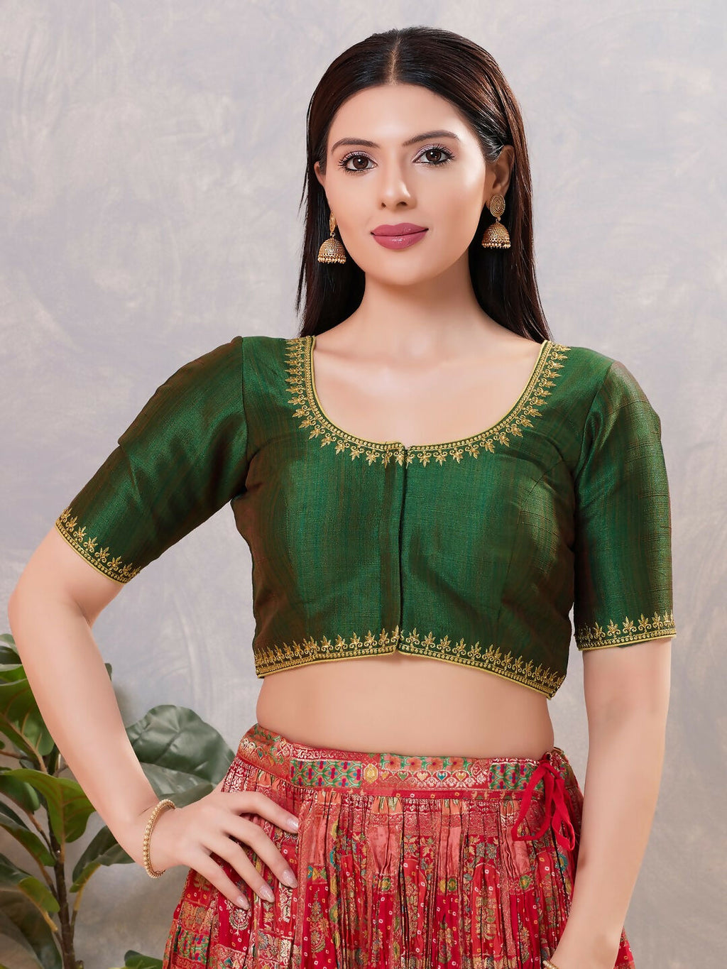 Bottle-green embroidered silk stitched blouse for women
