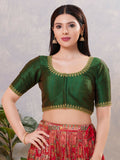 Bottle-green embroidered silk stitched blouse for women