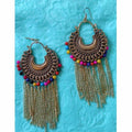 Gold-plated chandbali earrings featuring hanging chains and multi-color pearls.