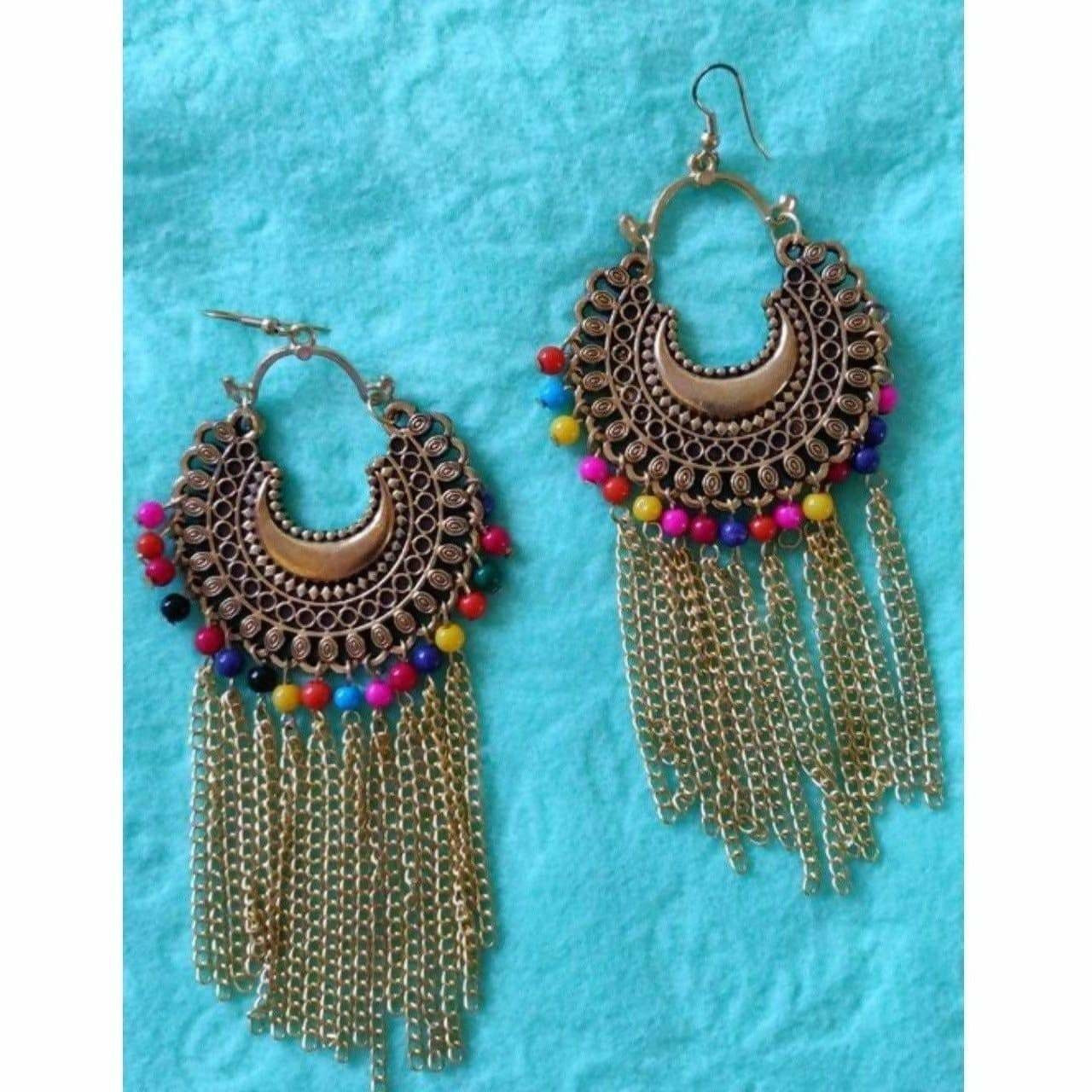 Gold-plated chandbali earrings featuring hanging chains and multi-color pearls.