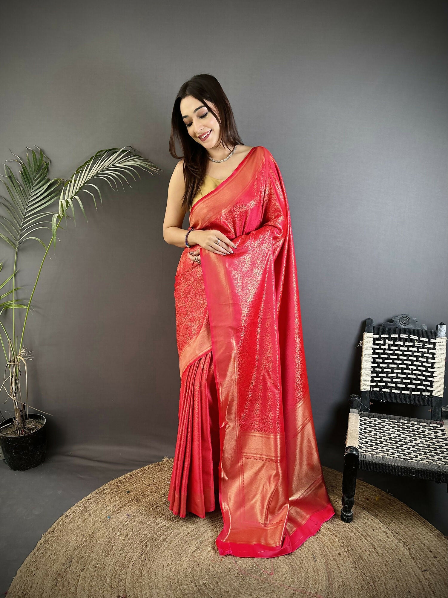 Ruby Pink soft satin silk Kanchipuram style saree with ethnic floral motifs