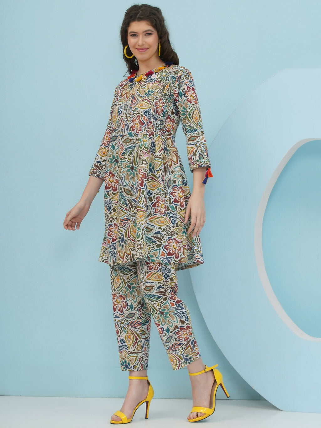 Floral Print Co Ord Set in Multi Color with Embellishment