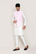 White art silk kurta set with matching jacket and straight-fit trousers for men
